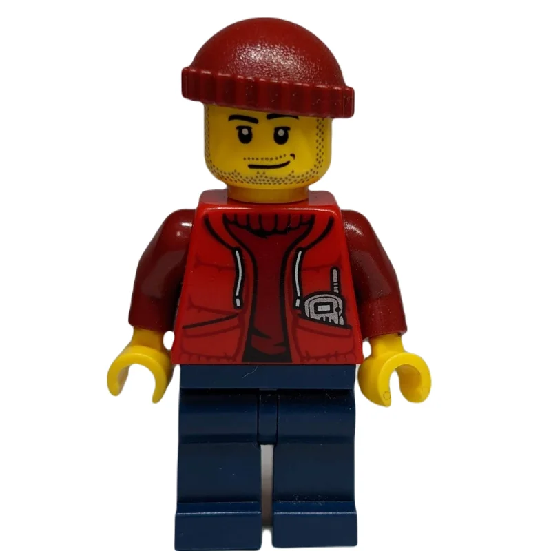 Marine Explorer, Open Red Jacket over Dark Red Sweater, Dark Red Hat, Stubble