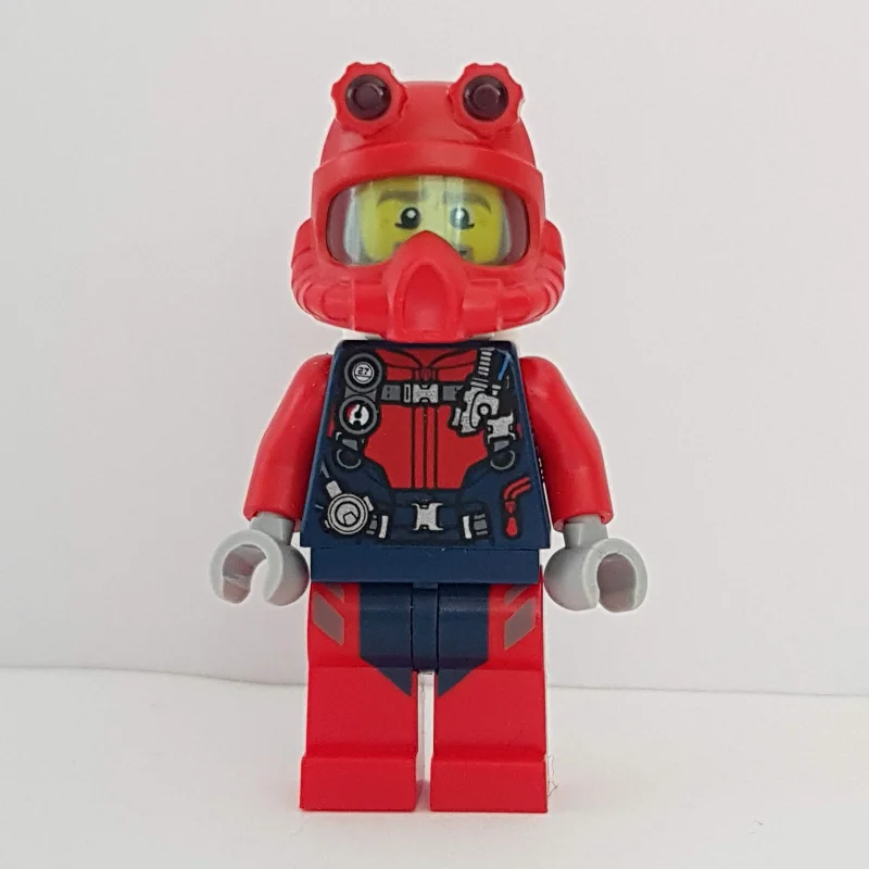 Diver, Man, Red and Dark Blue Wetsuit with Straps and Gauges, Red Diving Helmet, Airtanks, Beard