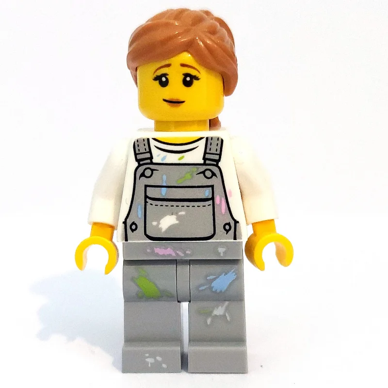 Woman, Light Bluish Gray Overalls with Paint Stains, Medium Nougat Hair