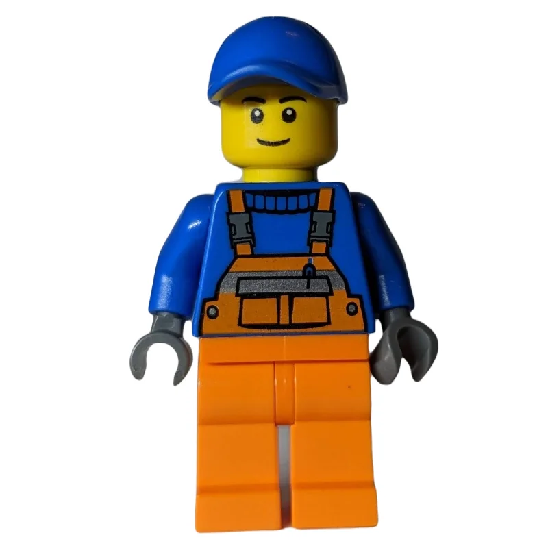 Construction Worker, Orange Overalls over Blue Sweater, Blue Cap