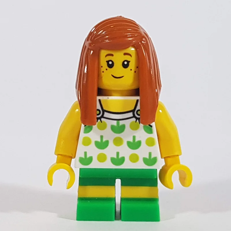 Girl, White Top with Lime and Green Pattern, Green Shorts, Dark Orange Hair