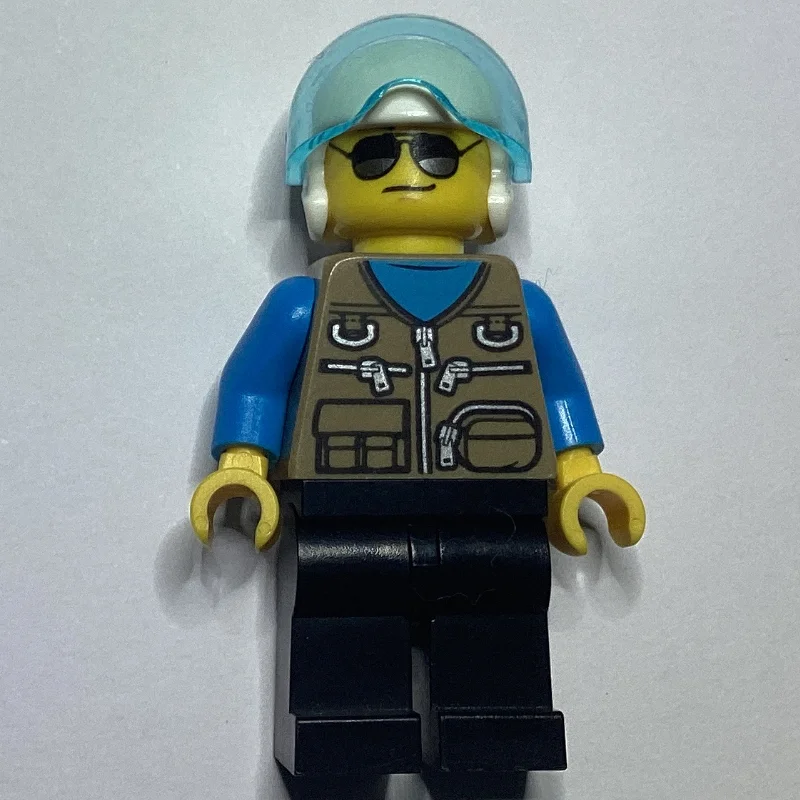 Pilot, Dark Tan Vest with Zippers and Pouches, Black Legs, White Helmet with Visor, Sunglasses