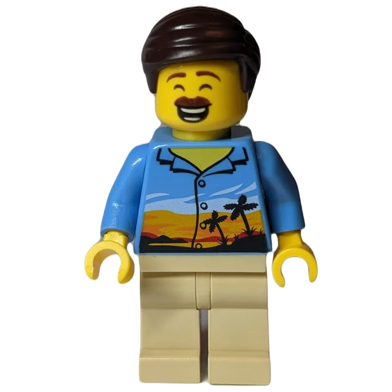 Man, Medium Blue Shirt with Palm Trees and Sunset, Tan Legs, Dark Brown Hair, Moustache