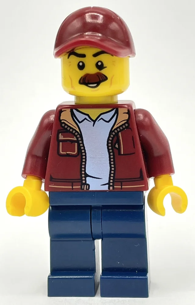 Man, Open Dark Red Jacket, Dark Blue Legs, Dark Red Cap, Moustache