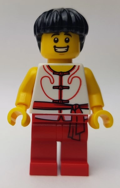 Racer, White and Red Robe with Ties and Sash Belt, Black Hair, Clenched Teeth Smile