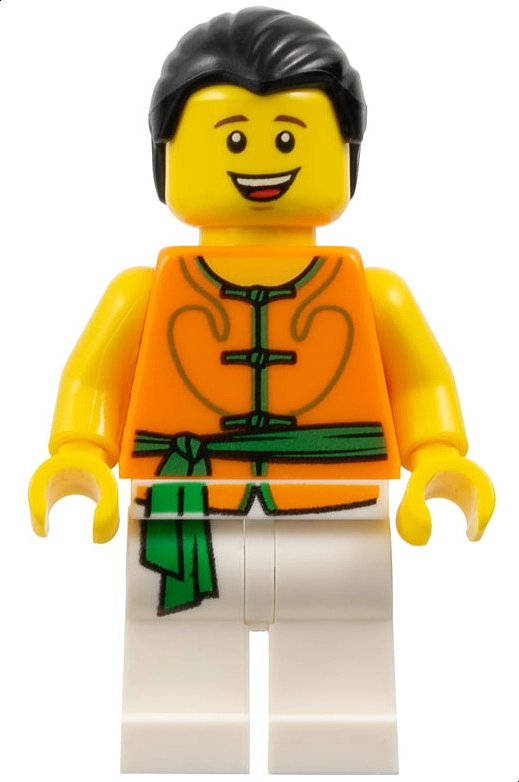 Racer, White and Orange Robe with Ties and Sash Belt, Black Hair, Big Smile