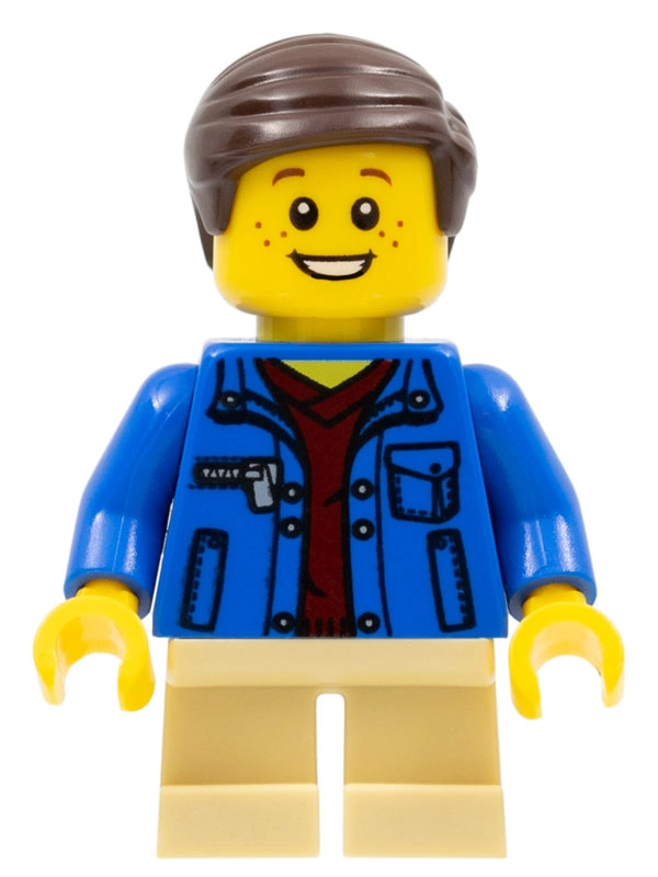 Boy, Open Blue Jacket, Short Tan Legs, Dark Brown Hair