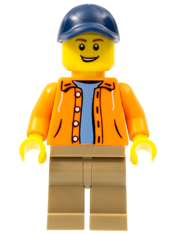 Man, Open Orange Jacket over Light Blue Shirt, Dark Blue Cap