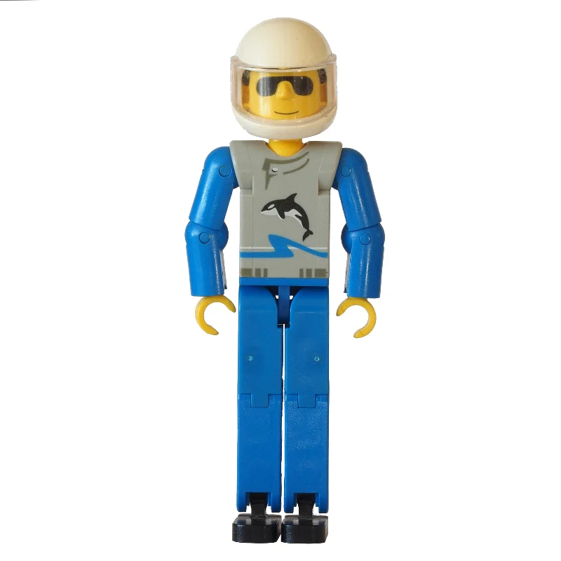 Technic Figure Blue Legs, Light Gray Top with Wave and Orca Print, Blue Arms - White Helmet