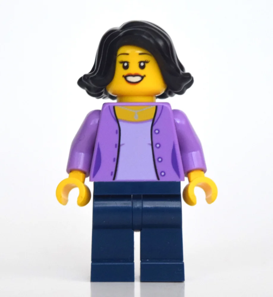 Woman, Medium Lavender Sweater, Dark Blue Legs, Black Hair