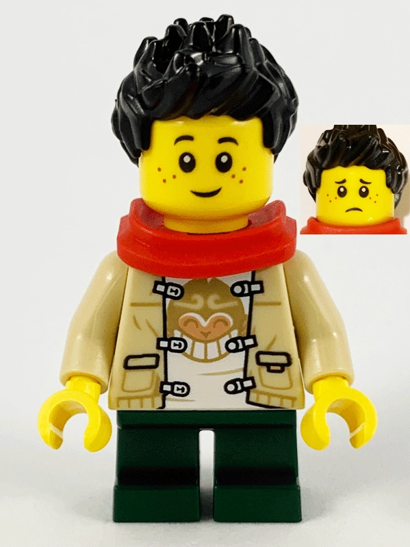 Tan Torso, Dark Green Legs, Black Hair, Red Scarf