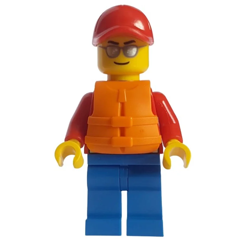 Lifeguard, Red Jacket, Blue Legs, Red Cap, Orange Life Vest