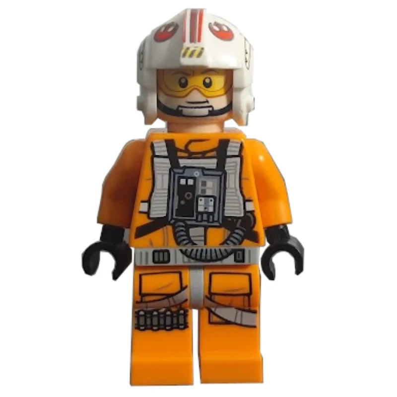 Luke Skywalker, Orange Rebel Pilot Outfit, Light Bluish Gray Hips, Black Hands, Printed Visor, Detailed Chest Panel