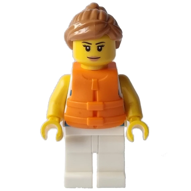 Woman, Blue Striped Shirt, White Legs, Orange Life Vest