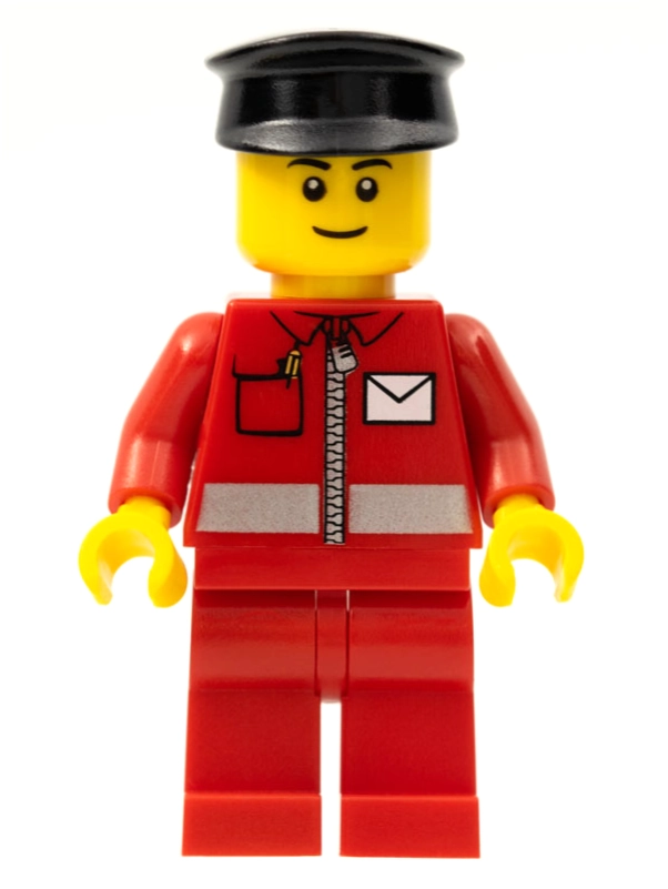 Postal Worker, Red Jacket with Zipper and Letter Logo, Red Legs, Black Cap, Black Eyebrows
