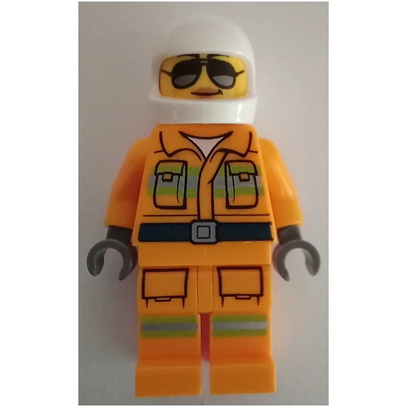 Firefighter, Bright Light Orange Fire Suit, Sunglasses, White Helmet