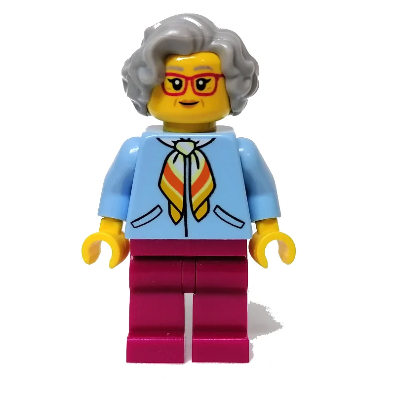 Woman, Bright Light Blue Jacket, Magenta Legs, Light Bluish Gray Hair, Red Glasses