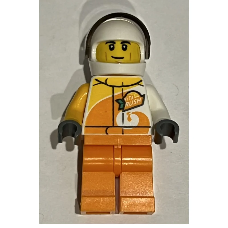 Racer, White and Orange Jumpsuit with 'VITA RUSH', White Helmet with Visor (3626cpr3025 Head)