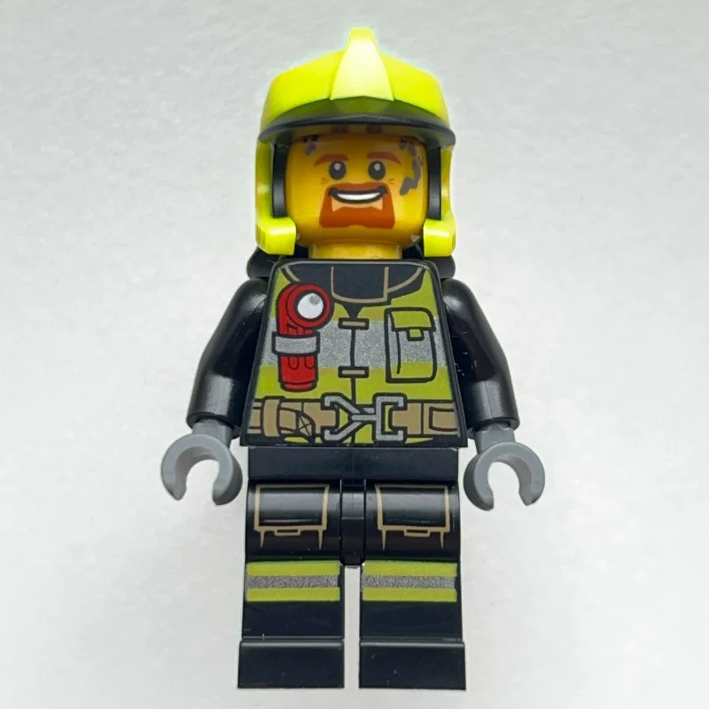 Firefighter, Black Fire Suit with Red Flashlight, Vibrant Yellow Helmet