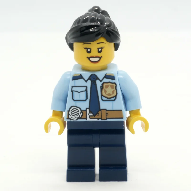 Police Officer, Bright Light Blue Shirt with Police Badge, Dark Blue Legs, Reddish Brown Ponytail