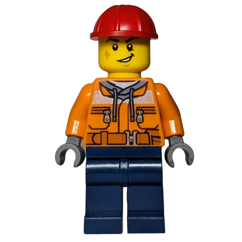 Construction Worker, Orange Safety Jacket, Dark Blue Legs, Red Hard Hat