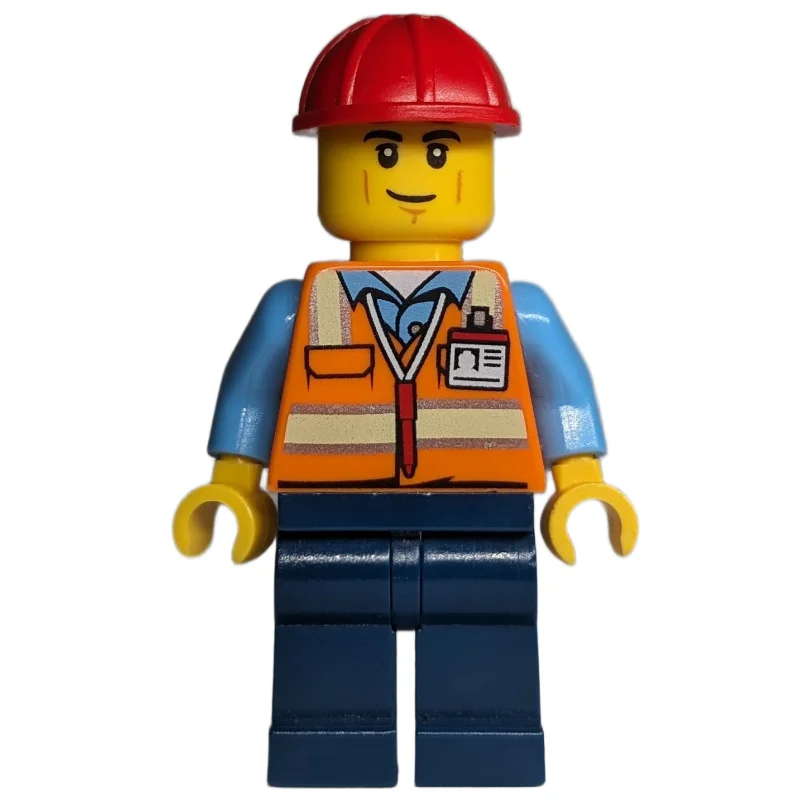 Construction Worker - Orange Torso, Dark Blue Legs, Red Helmet, Smirk