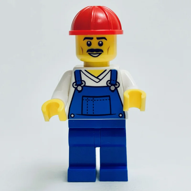 Construction Worker, Blue Overalls, Red Hard Hat, Moustache