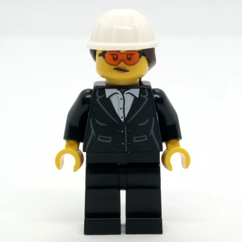 Construction Site Foreman, Black Suit, White Hard Hat with Hair