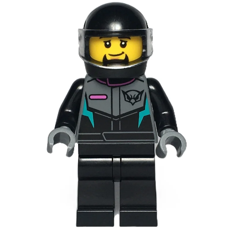 Race Driver, Black Racing Suit and Helmet with Visor, Goatee