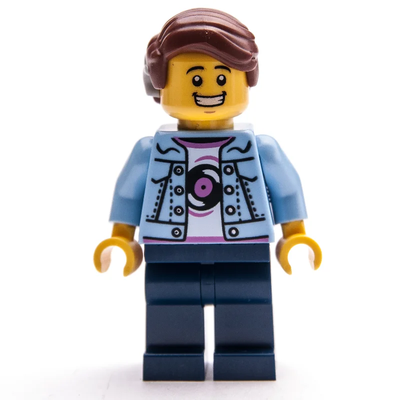Man, Bright Light Blue Jacket, Dark Blue Legs, Reddish Brown Hair