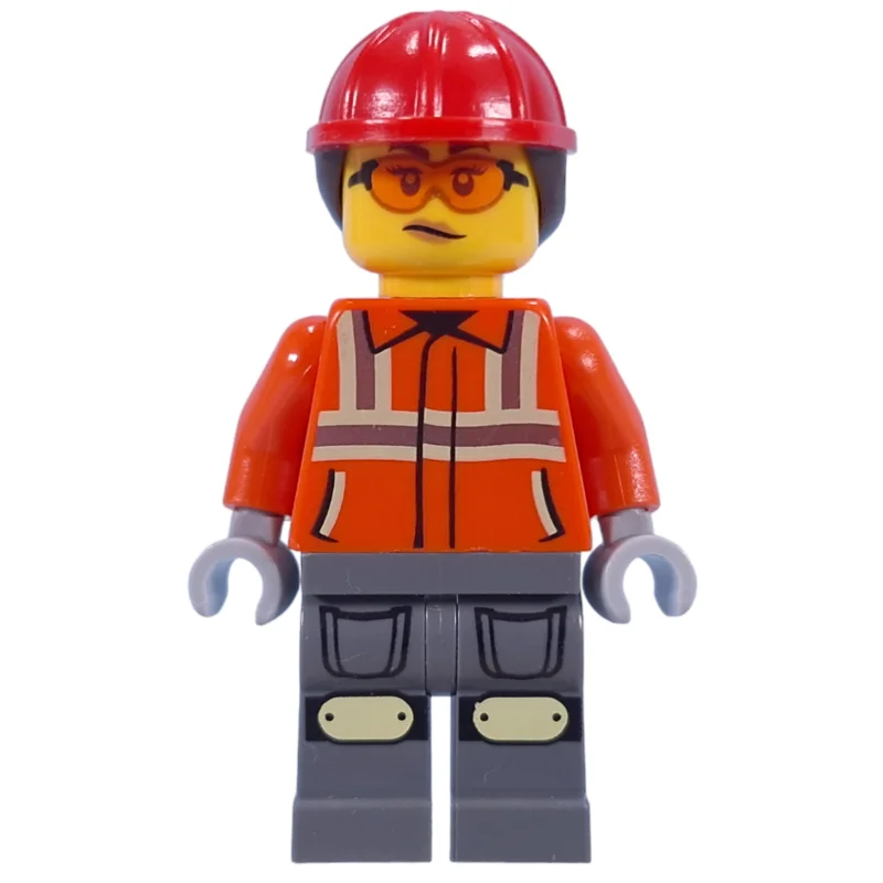 Construction Worker, Reddish Orange Jacket, Red Hard Hat with Ponytail