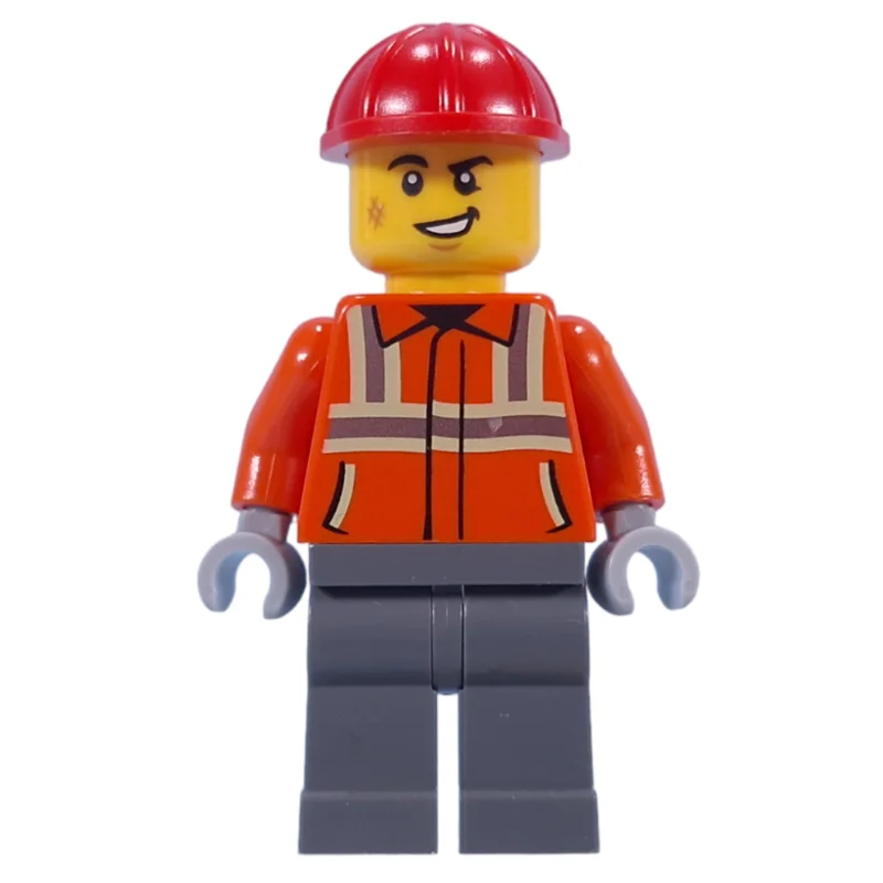 Construction Worker, Reddish Orange Jacket, Red Hard Hat