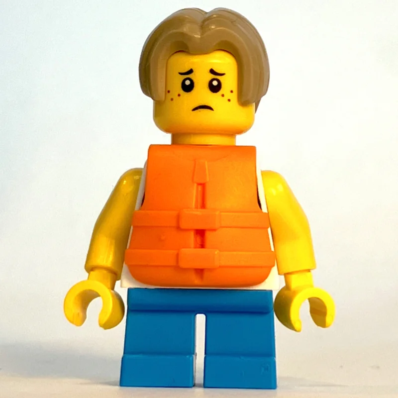 Kid, White Torso, Dark Azure Legs, Dark Tan Hair, Orange Life Vest