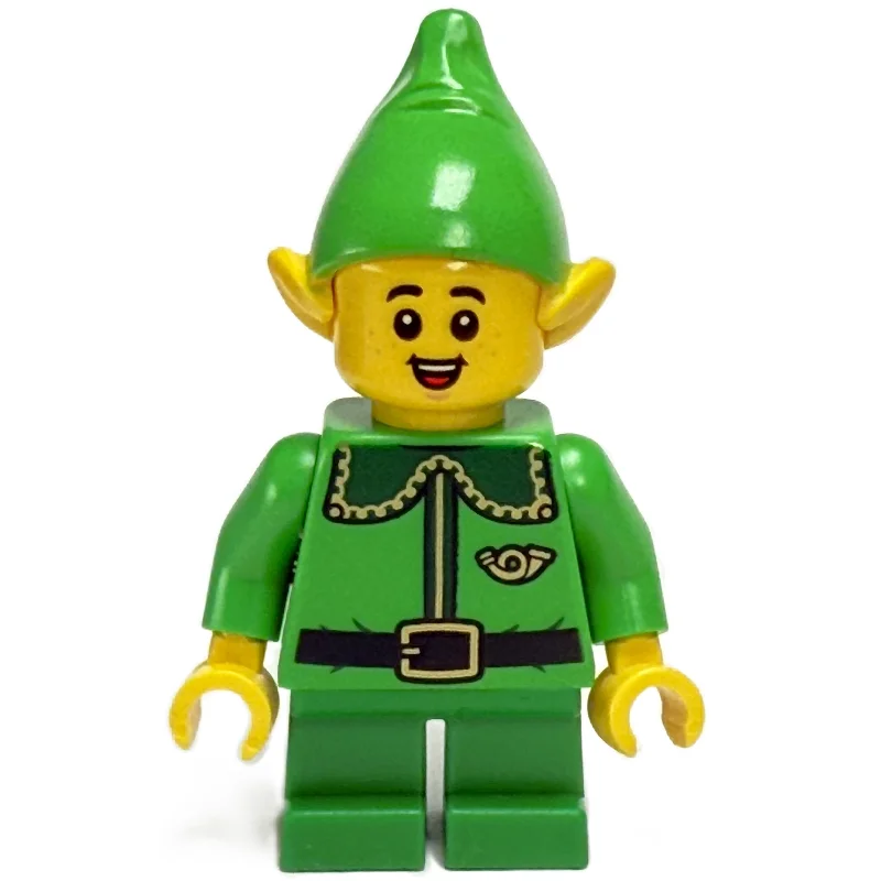 Elf / Postal Elf - Bright Green Torso, Green Legs, Bright Green Hat, Dark Green Collar, Open Mouth Smile