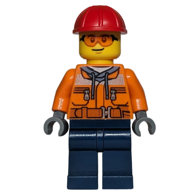 Construction Worker, Orange Safety Jacket, Dark Blue Legs, Red Hard Hat