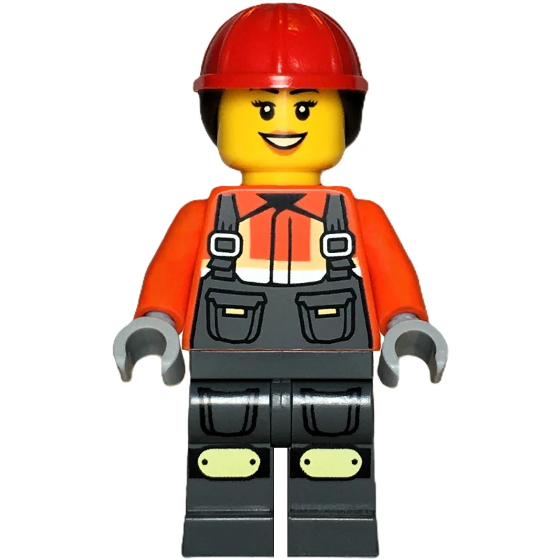 Construction Worker, Reddish Orange Jacket, Overall, Red Hard Hat with Hair