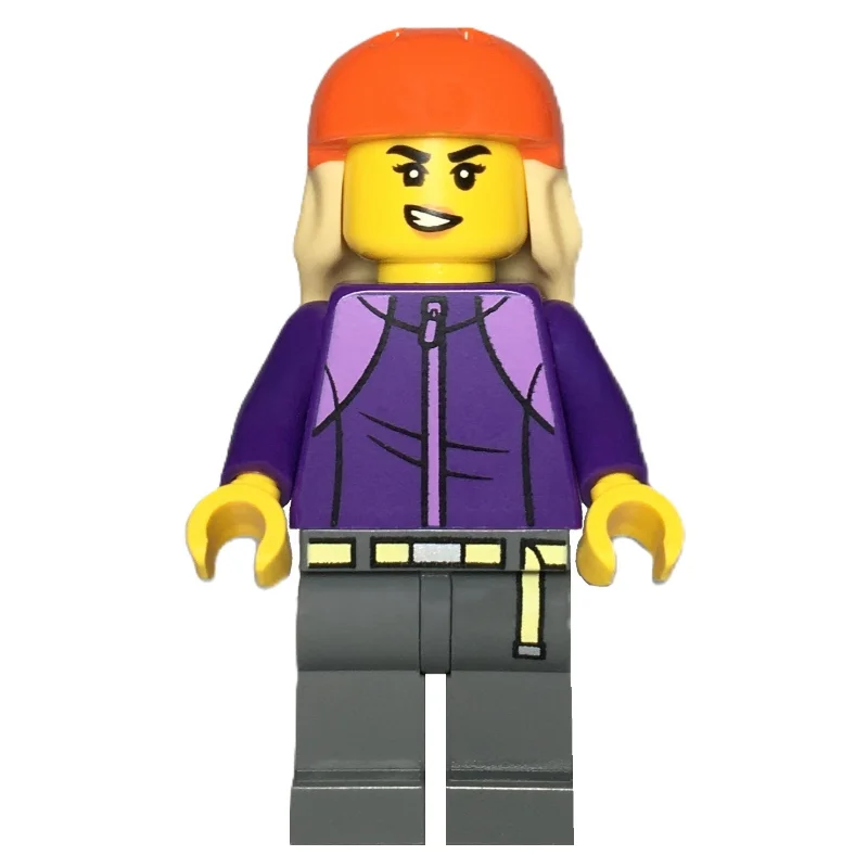 Skateboarder, Dark Purple Torso, Dark Bluish Grey Legs, Reddish Orange Helmet