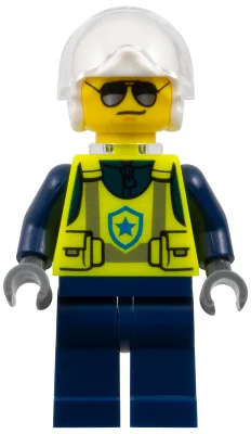 Police Officer, Vibrant Yellow Police Vest, White Helmet with Visor, Neck Bracket