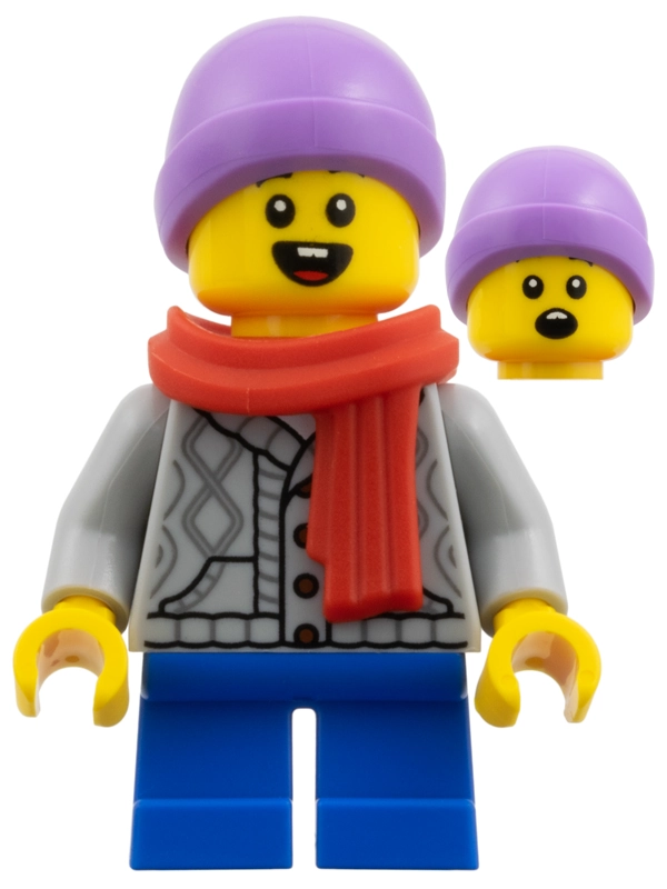 Kid, Light Bluish Grey Torso, Blue Legs, Medium Lavender Beanie, Red Scarf