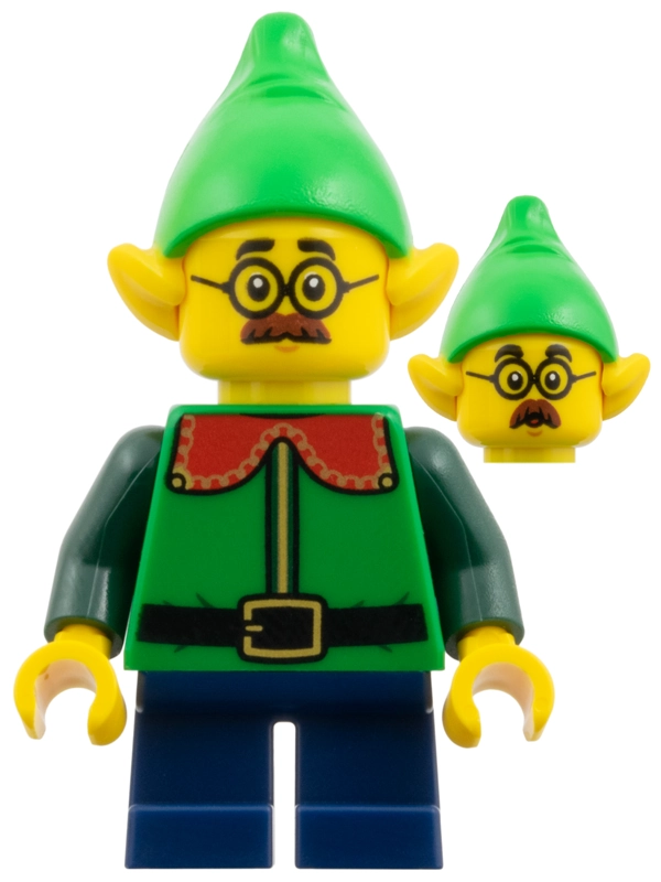 Elf - Green Torso, Dark Blue Legs, Bright Green Hat, Glasses