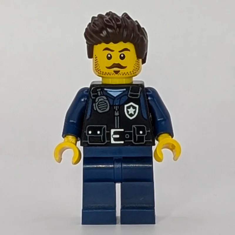 Police Officer, Black Vest, Dark Blue Legs, Dark Brown Hair, Moustache