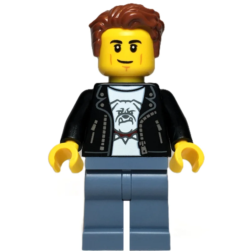 Man, Black Leather Jacket, Sand Blue Legs, Reddish Brown Hair