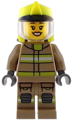 Firefighter, Dark Tan Fire Suit, Vibrant Yellow Helmet, Open Mouth