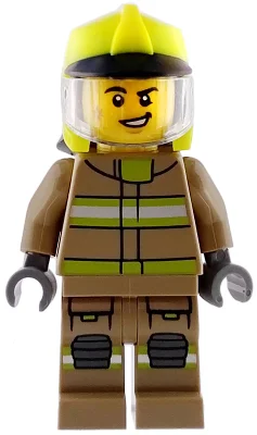 Firefighter, Dark Tan Fire Suit, Vibrant Yellow Helmet, Dirty Face