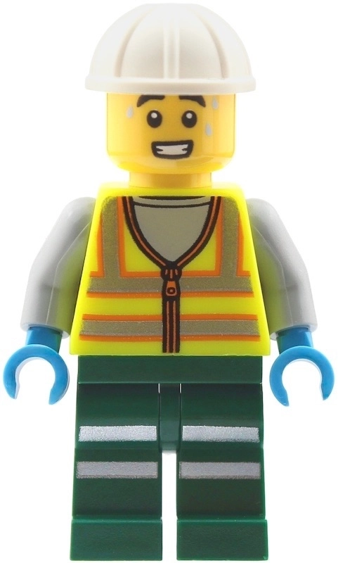 Train Crew, Vibrant Yellow Safety Vest, Dark Green Legs, White Hard Hat