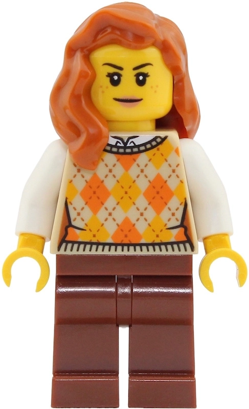 Woman, Tan Sweater, Reddish Brown Legs, Dark Orange Hair