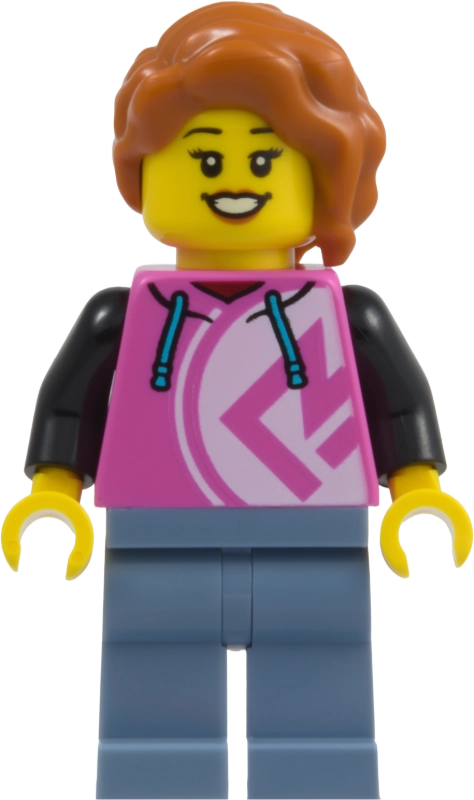 Woman, Dark Pink Hoodie, Sand Blue Legs, Dark Orange Hair