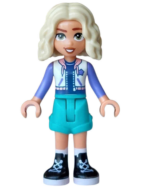 Nova, White Jacket, Dark Turquoise Shorts